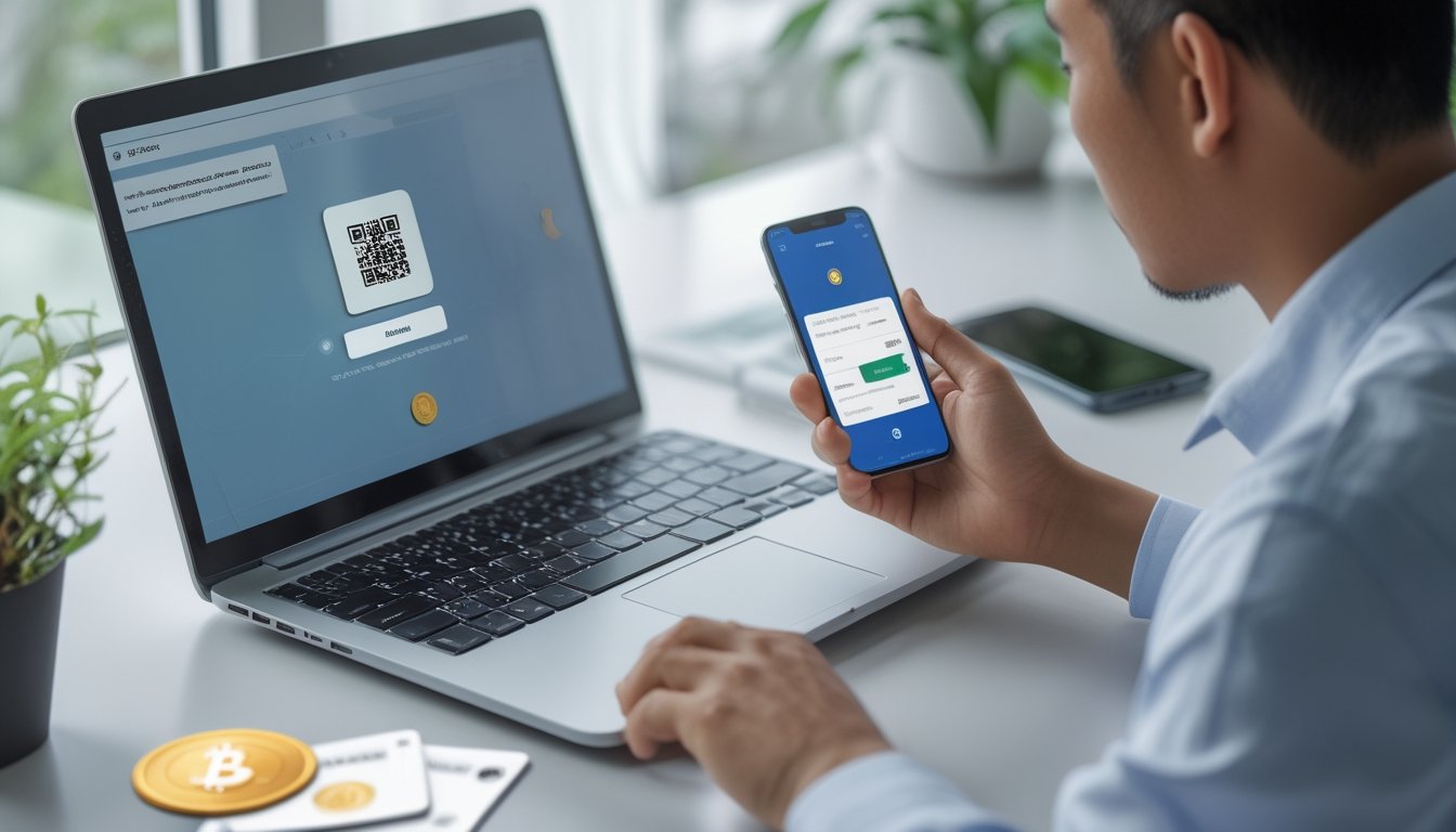 Seseorang memeriksa detail pembayaran di ponsel dan laptop sebelum mengirim dana.