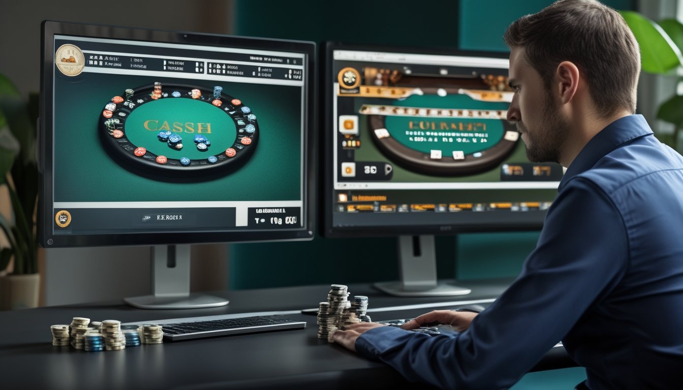 Seorang pemain poker membandingkan dua pilihan meja di layar sambil mengatur tumpukan chip.