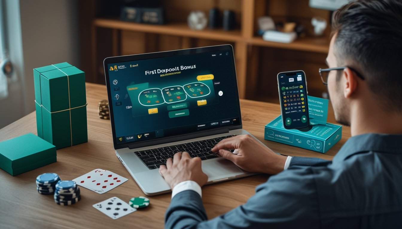 Seseorang melihat permainan poker di laptop dengan kartu, chip, ponsel, dan kalender di atas meja.