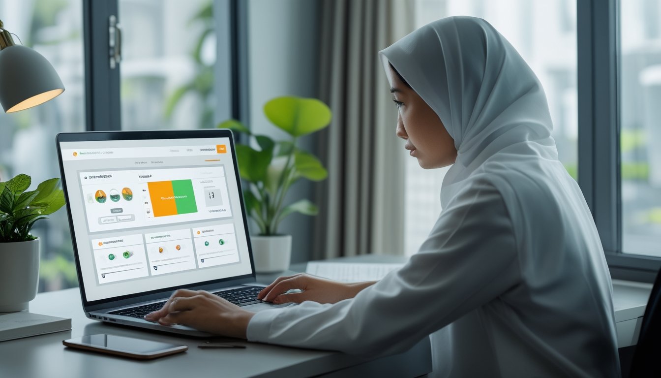 Seorang pengguna memeriksa situs taruhan olahraga melalui laptop di meja kerja.