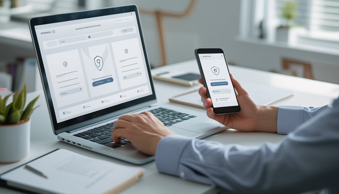 Seseorang memeriksa situs web di laptop sambil mengecek ponsel di meja kerja.