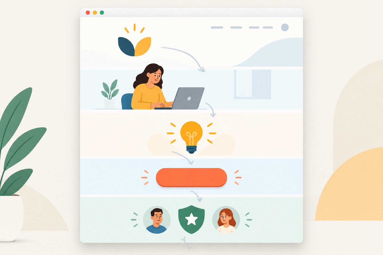 A modern homepage layout with five sections represented by simple icons.