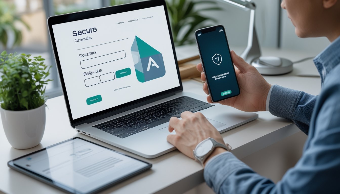 Seseorang menggunakan laptop dan ponsel untuk membuat akun dan mengakses situs.