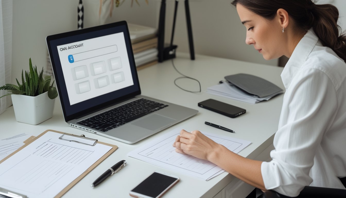 Seseorang menyiapkan dokumen dan menggunakan laptop di meja kerja.