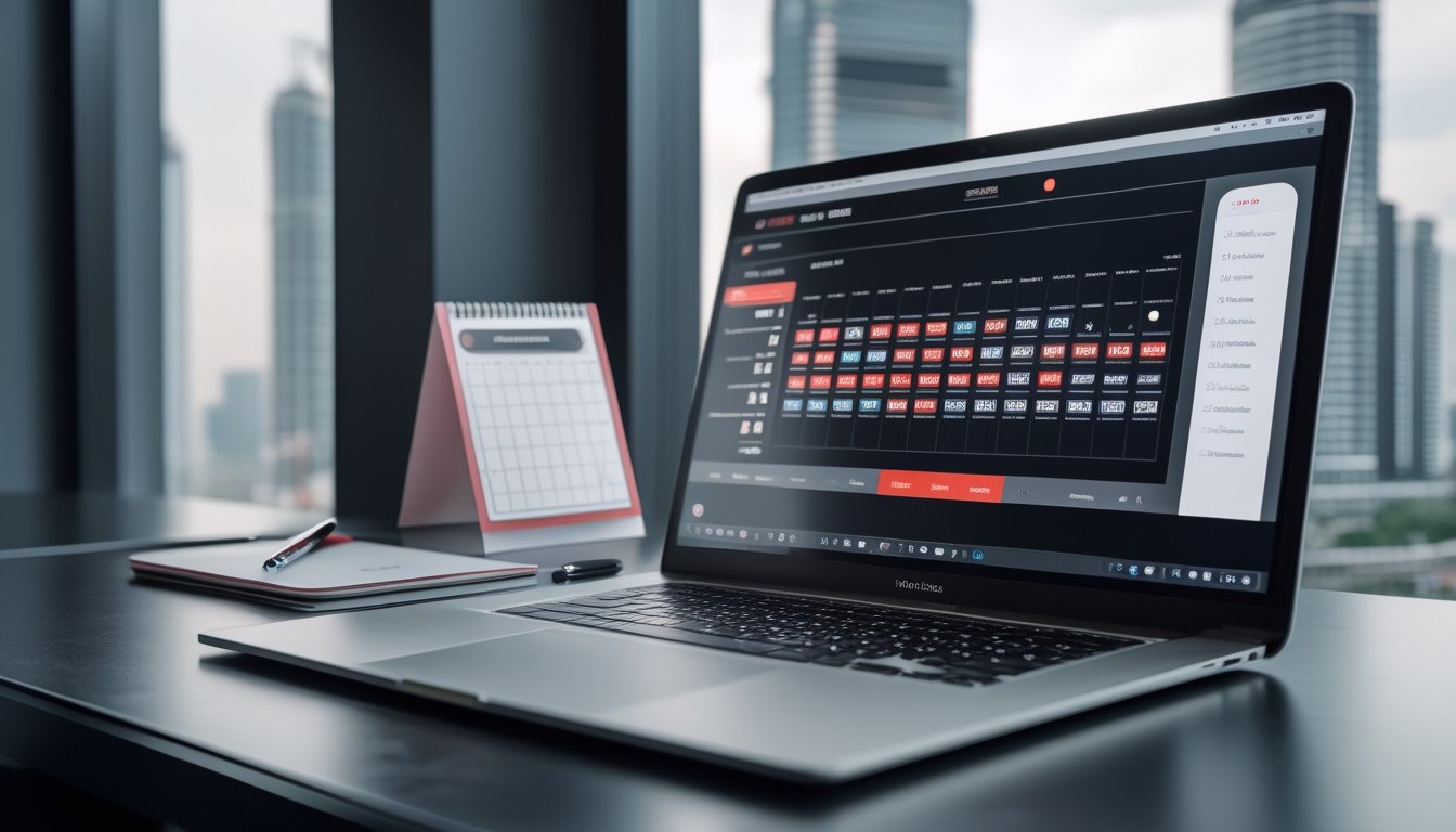 Laptop dengan tampilan kisi-kisi warna di atas meja, berlatar gedung perkotaan.