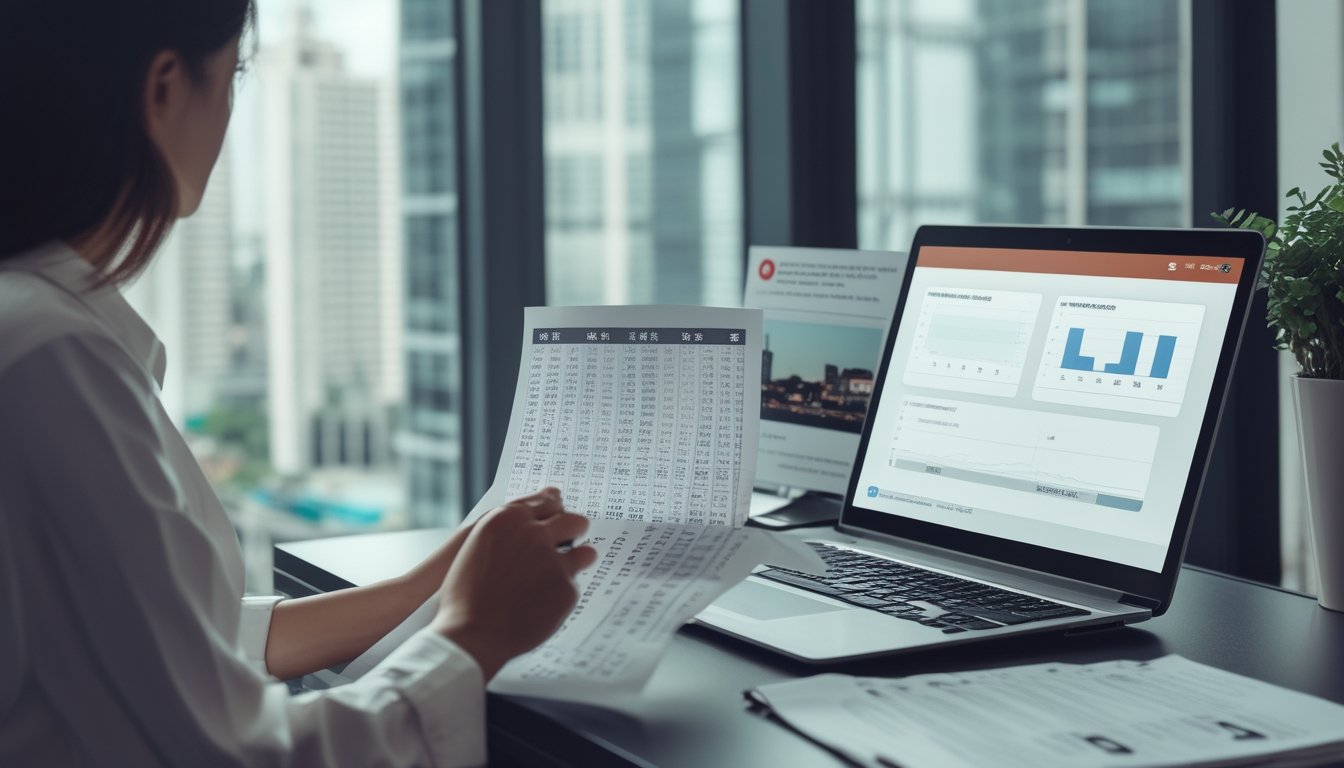 Seseorang menelaah lembar data di meja dengan laptop yang menampilkan grafik.