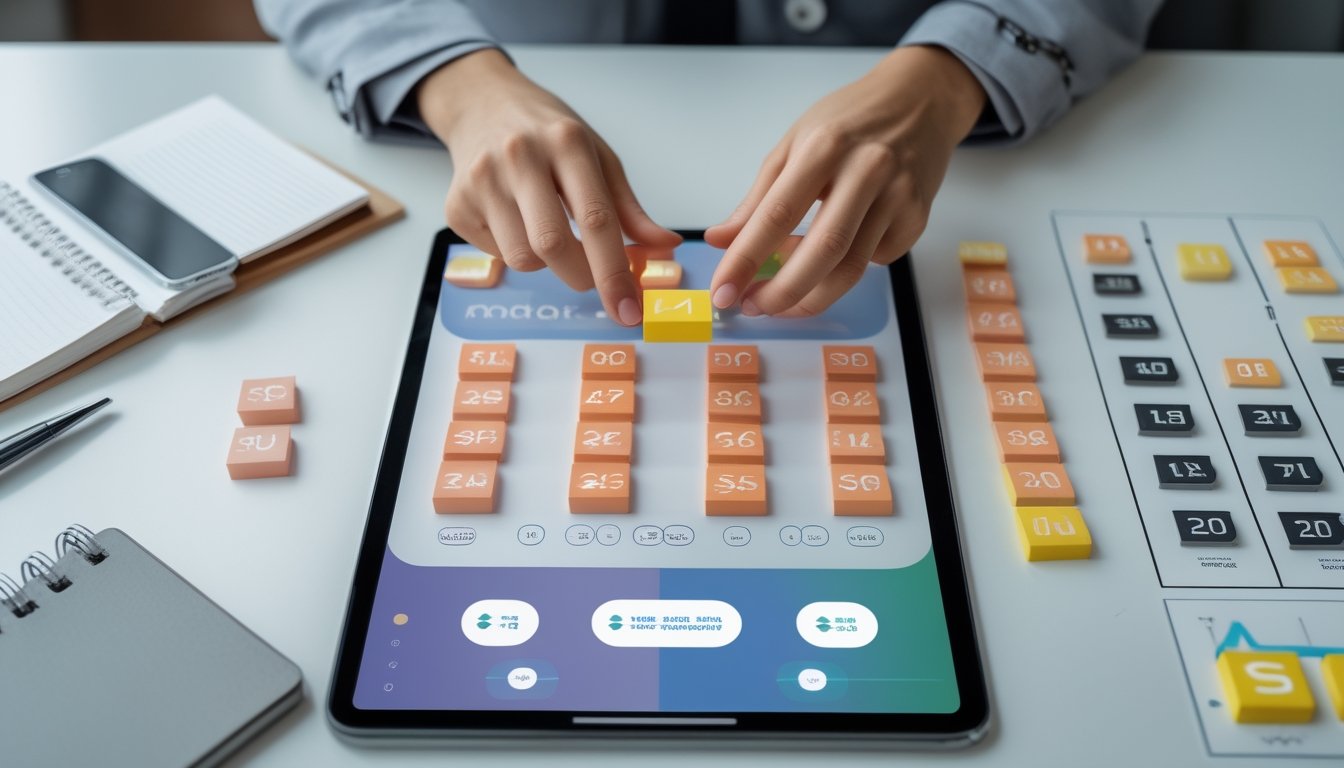 Seseorang membandingkan pilihan angka dan grafik di meja menggunakan tablet.