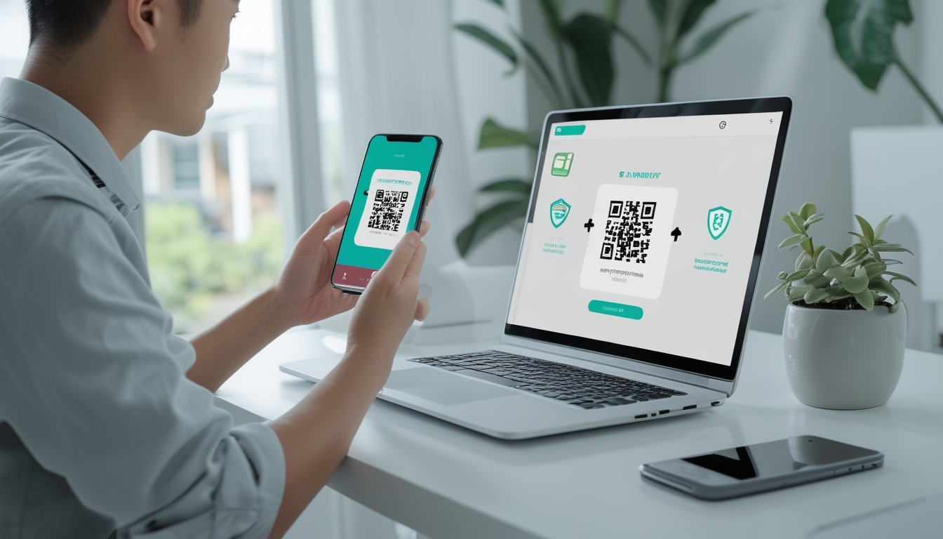 Seseorang menggunakan ponsel untuk memindai kode QR pada layar laptop.