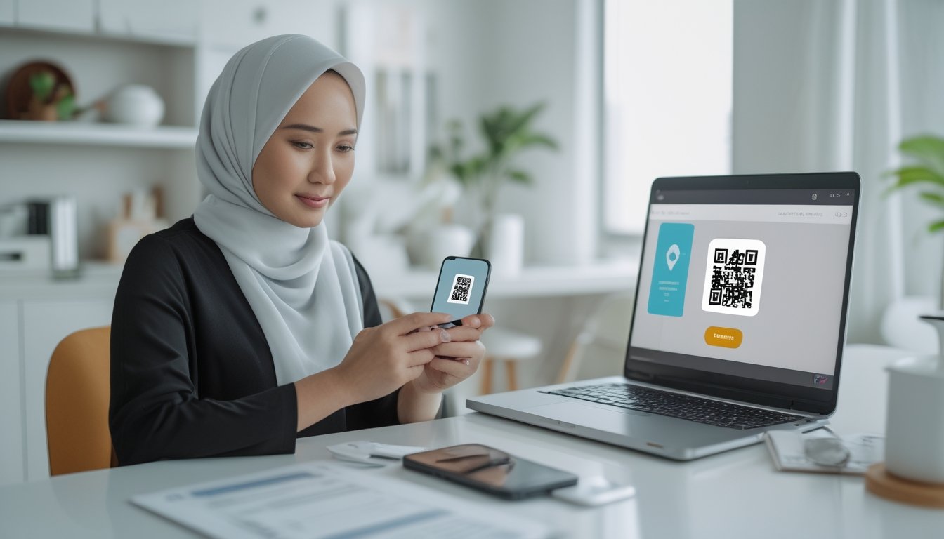 Seseorang memeriksa pembayaran digital melalui ponsel di samping laptop.