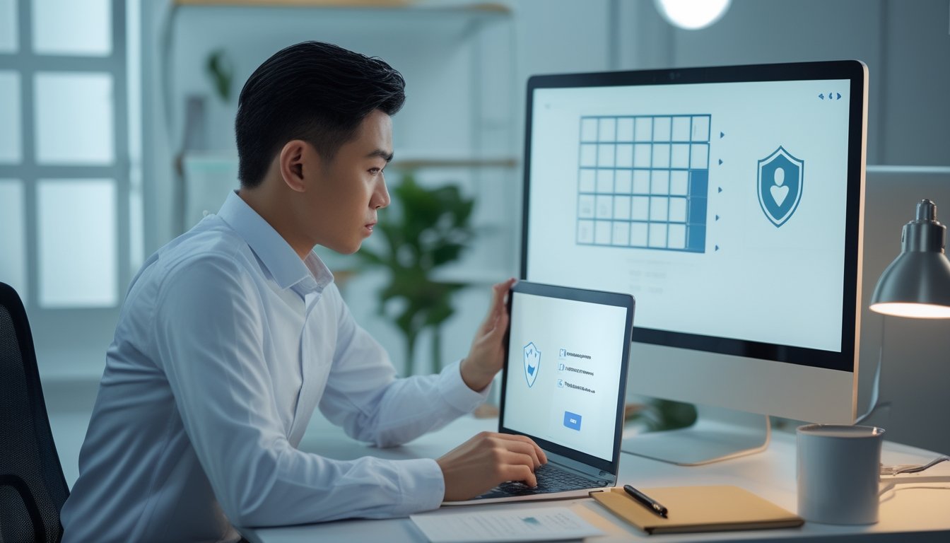 Seorang profesional Indonesia memeriksa layanan digital melalui laptop dan ponsel di meja kerja.