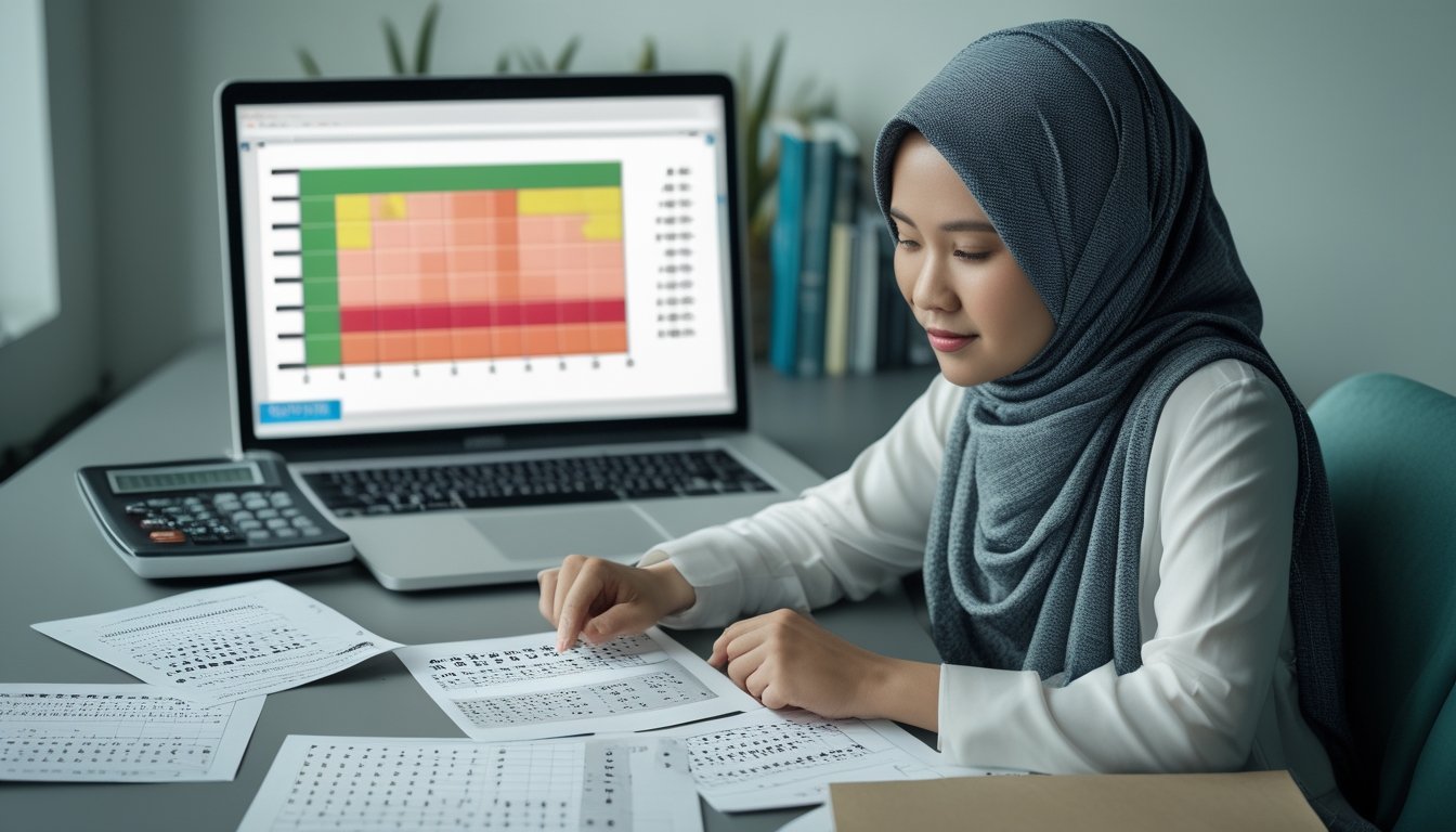 Seseorang mempelajari pola angka di meja dengan kalkulator dan laptop.