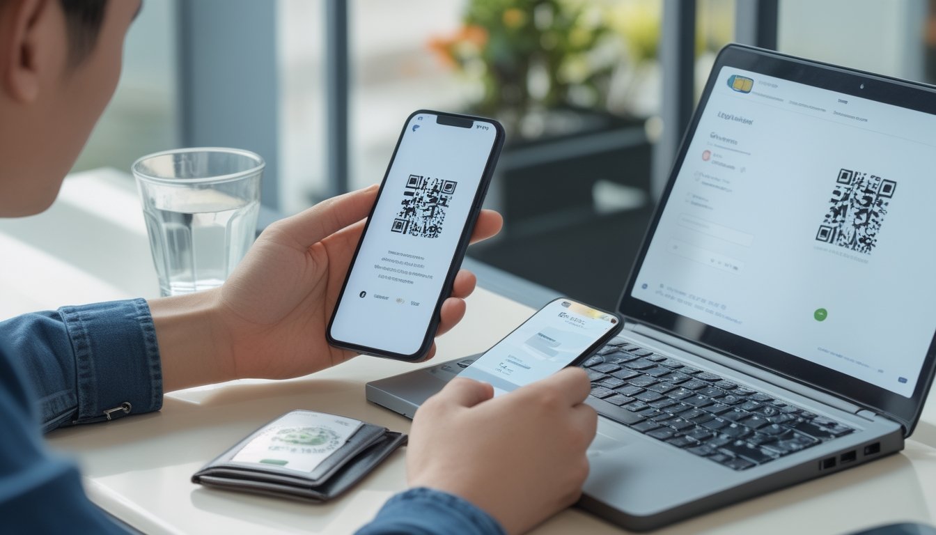 Seseorang memindai kode QR dengan ponsel di meja.