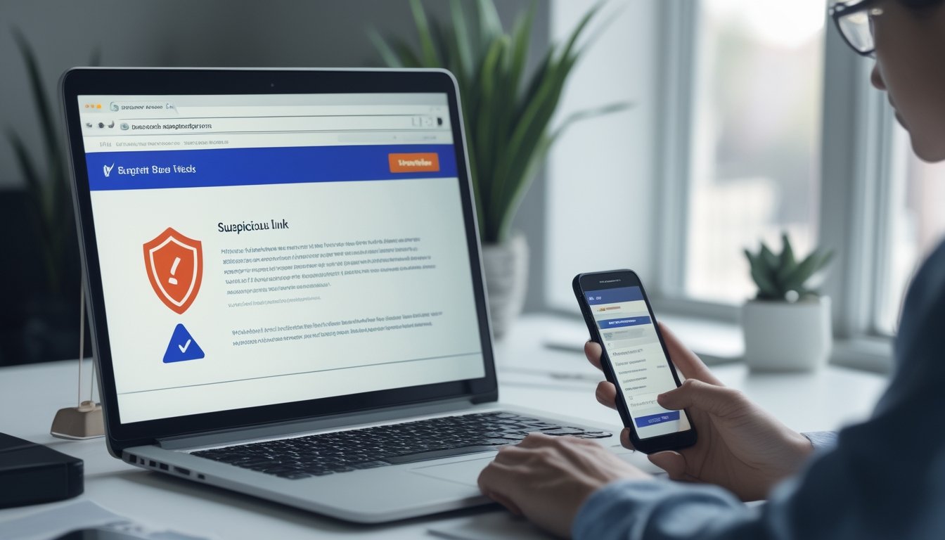 Seseorang memeriksa situs mencurigakan di laptop dengan ponsel dan simbol peringatan di dekatnya.