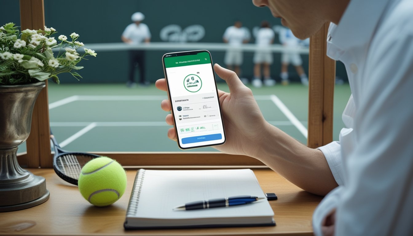 Seorang pemula mempelajari taruhan tenis melalui ponsel di dekat lapangan tenis.