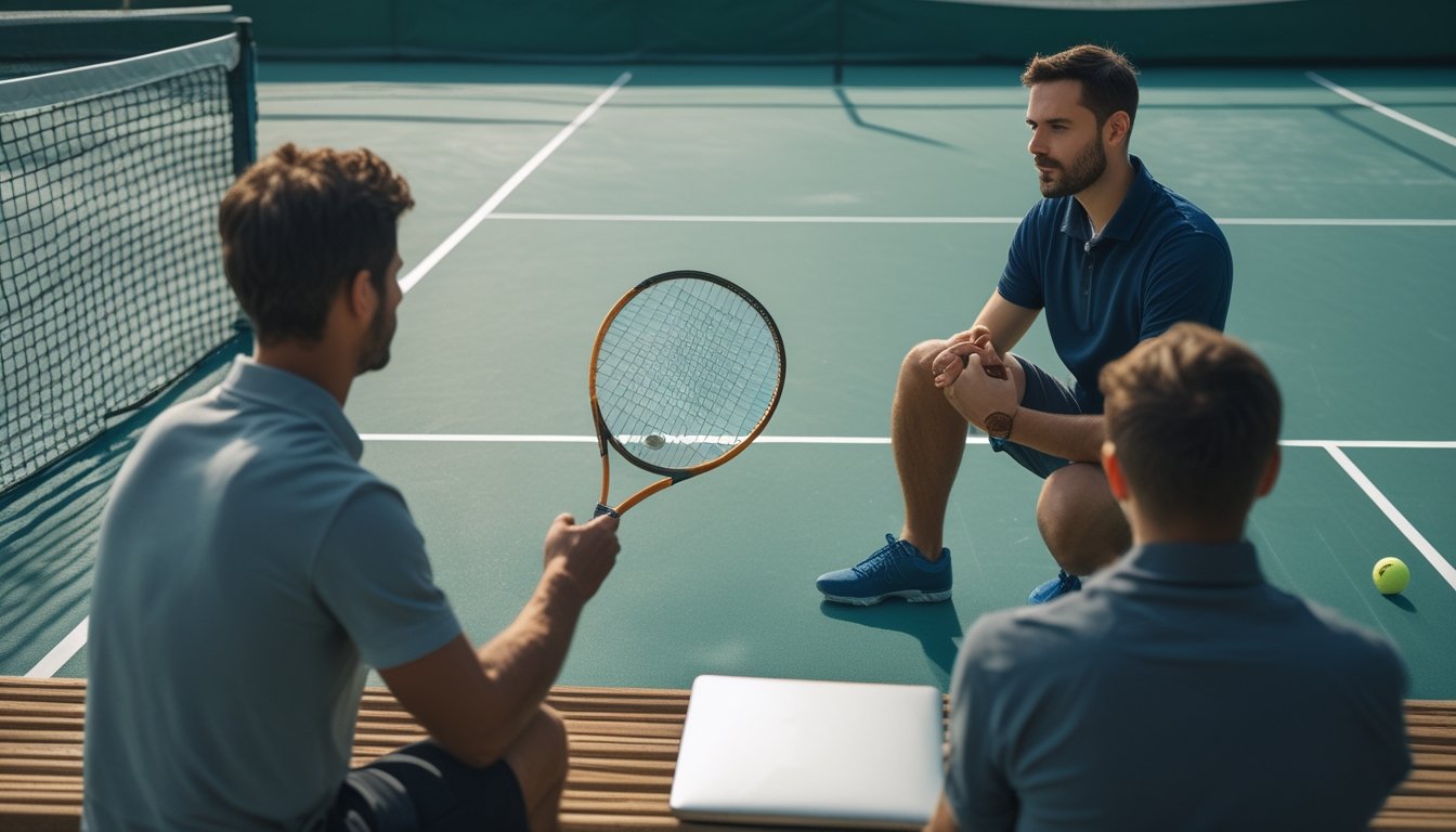 Seorang pemula berlatih tenis bersama pendamping di lapangan.