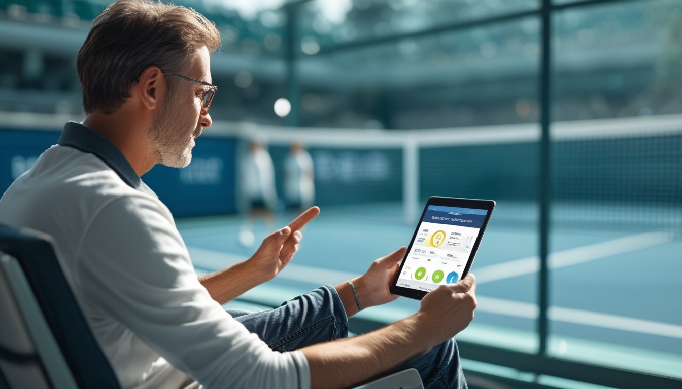 Seorang penonton membandingkan informasi pertandingan tenis di tablet di dekat lapangan.