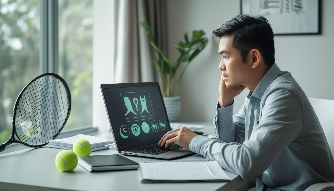 Seorang dewasa Indonesia mencari informasi di laptop dengan raket dan bola tenis di atas meja.