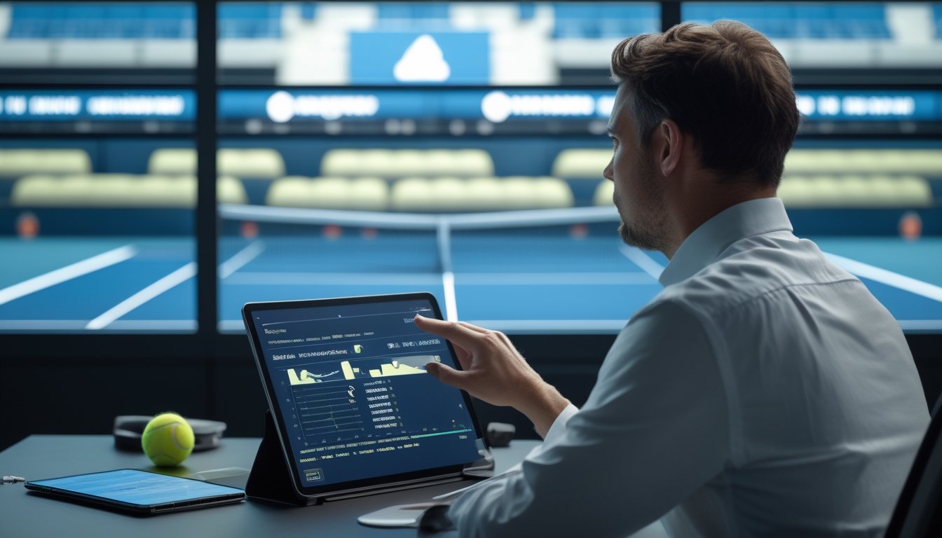 Seorang analis mempelajari peluang tenis di tablet sementara pertandingan berlangsung di lapangan.