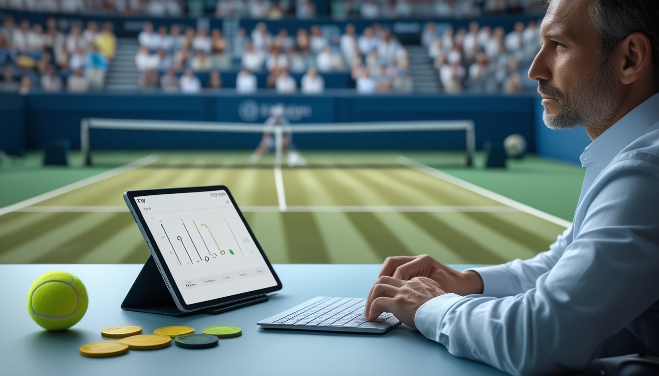 Seorang analis mempelajari grafik peluang pertandingan tenis di tablet.
