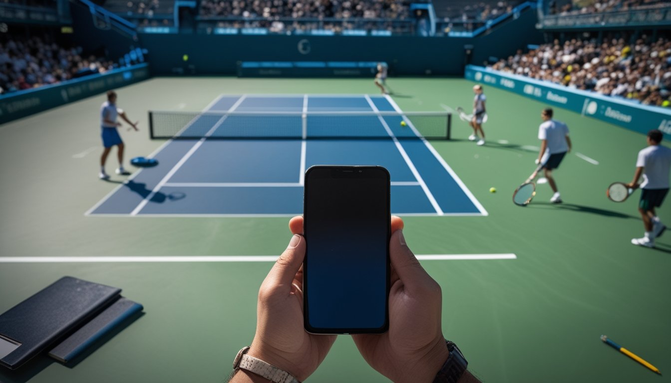 Dua pemain bertanding tenis di lapangan, sementara seorang penonton mengamati pertandingan dengan ponsel.