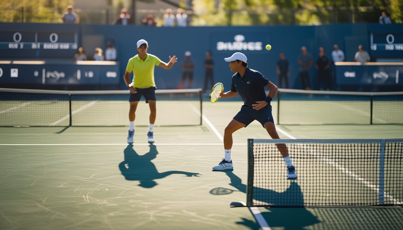Dua pemain tenis bertanding sengit di lapangan, dengan satu pemain bersiap mengembalikan bola.