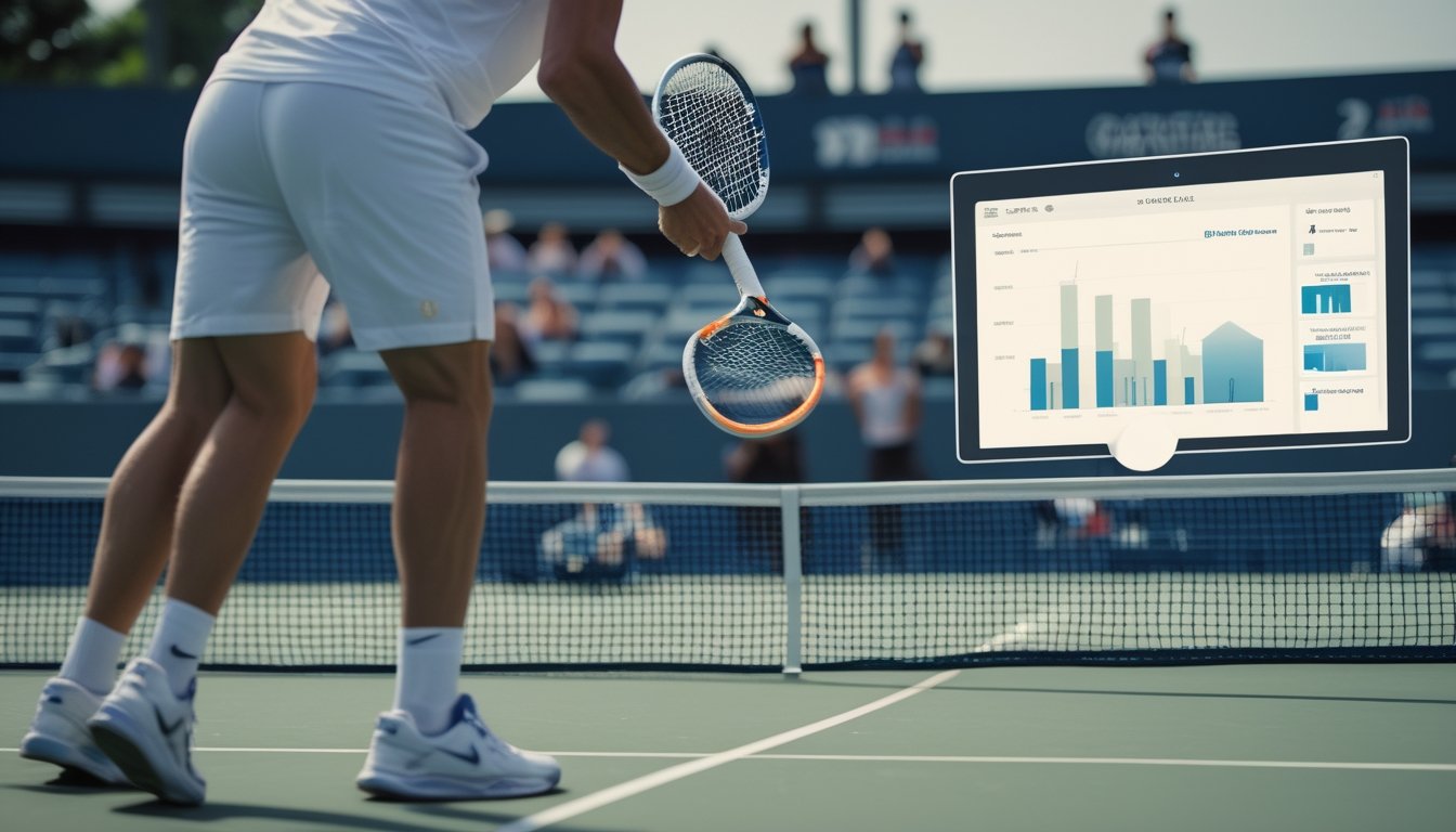 Pemain tenis bersiap melakukan servis di lapangan dengan tablet berisi grafik di latar belakang.