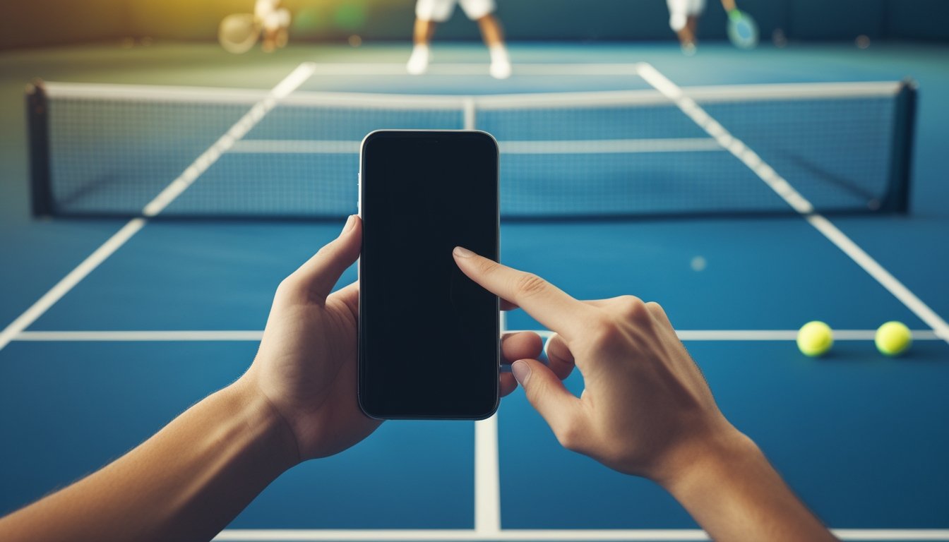 Dua pemain bertanding tenis di lapangan, sementara seorang penonton memegang ponsel.