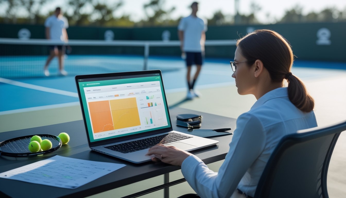 Seorang analis tenis mengamati statistik pertandingan di laptop di dekat lapangan tenis.