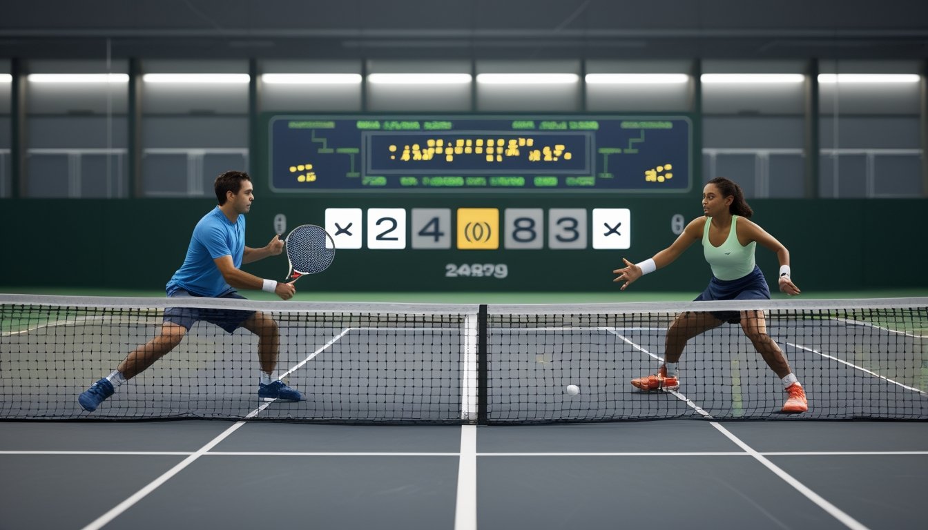 Dua pemain tenis bertanding di lapangan saat bola melintas di dekat net.