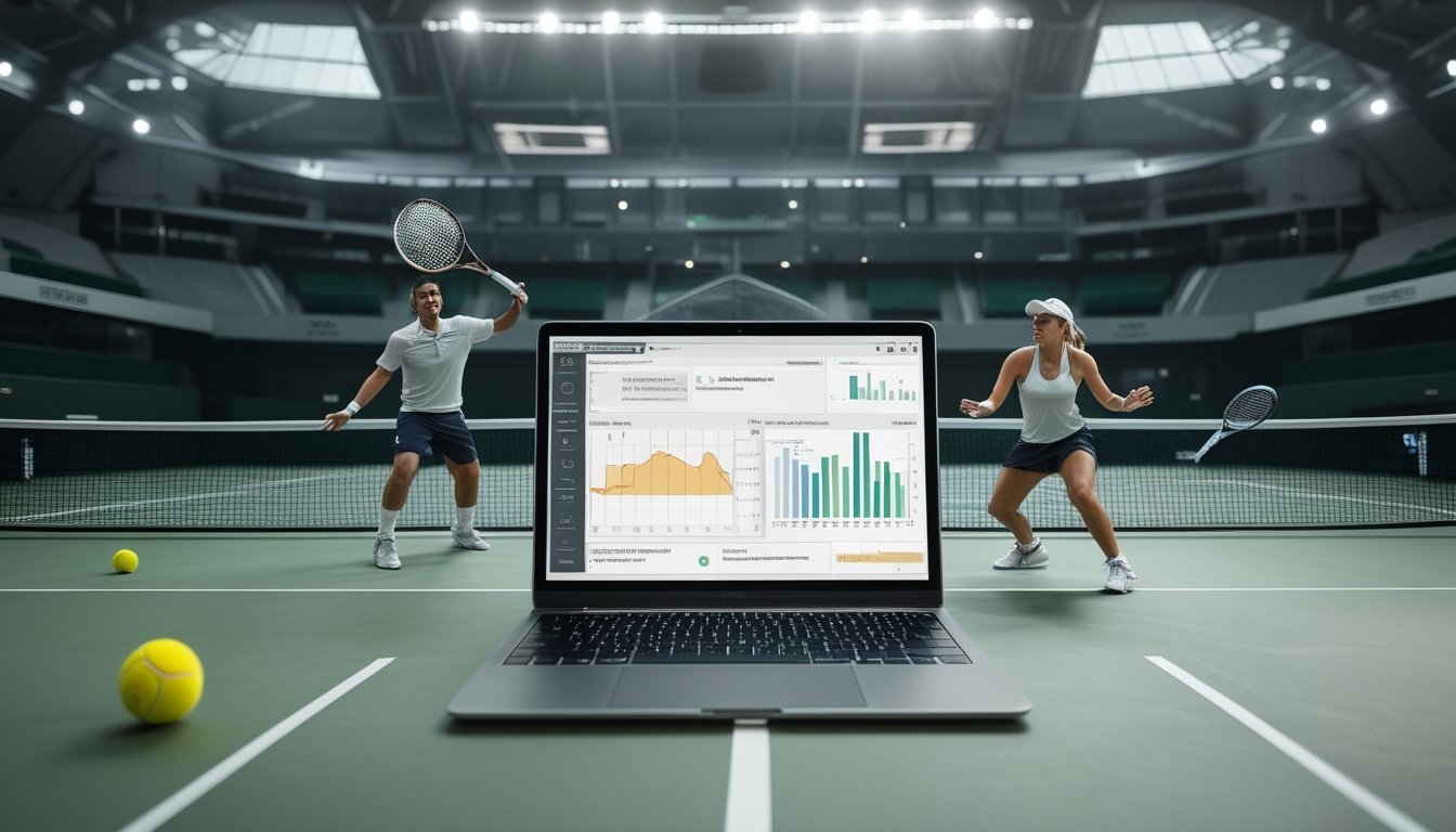 Analis mengamati grafik statistik tenis di laptop sementara pertandingan berlangsung di lapangan.