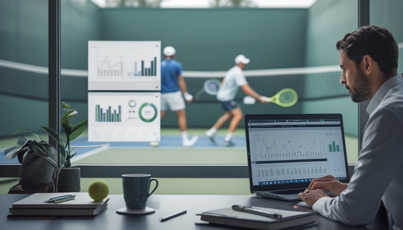 Seorang analis mempelajari grafik statistik tenis sementara pertandingan berlangsung di lapangan.