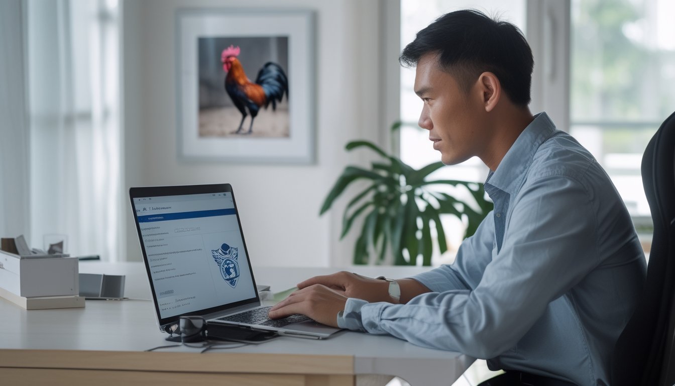 Seorang pria menggunakan laptop dan ponsel di ruang kerja, dengan foto ayam jantan di latar belakang.