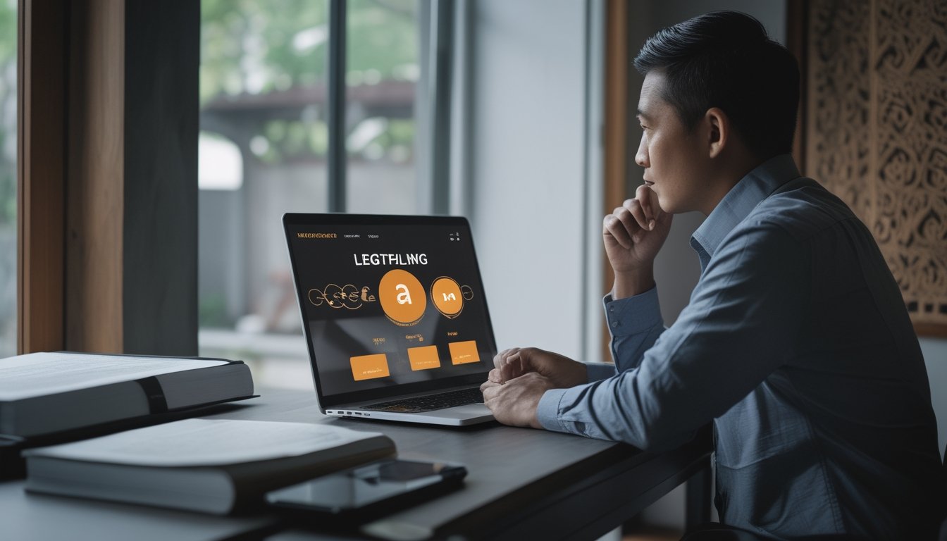 Seorang warga Indonesia meneliti situs di laptop dengan buku hukum dan dokumen di meja.