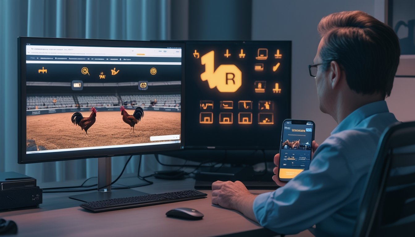 Seorang dewasa menonton arena sabung ayam di monitor dengan ponsel di meja.