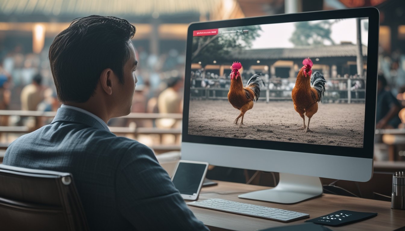 Seseorang menonton sabung ayam di layar monitor dengan ponsel di atas meja.