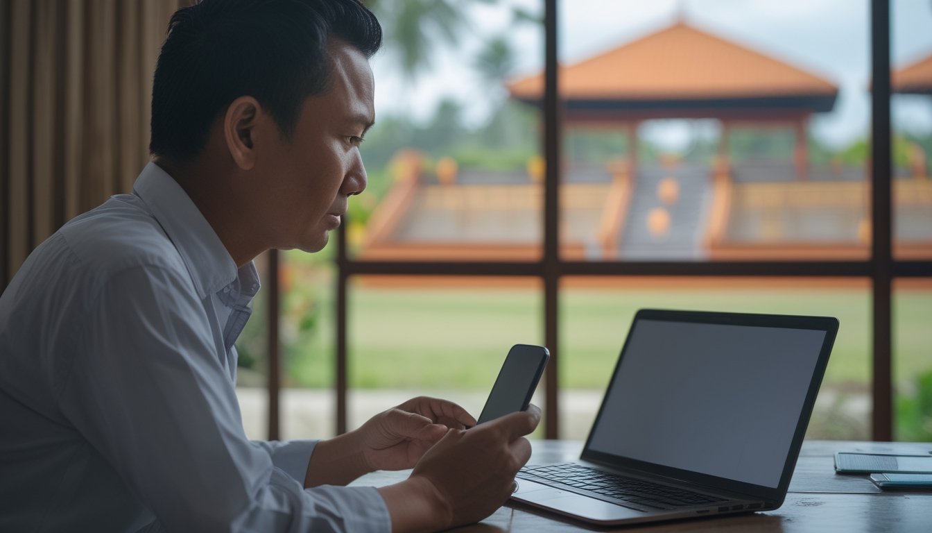 Seseorang di rumah memegang ponsel sambil memikirkan taruhan daring.