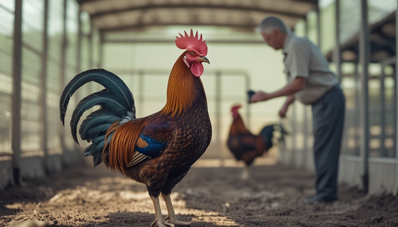 Seekor ayam jantan berdiri di kandang sementara seorang pawang mengamatinya.