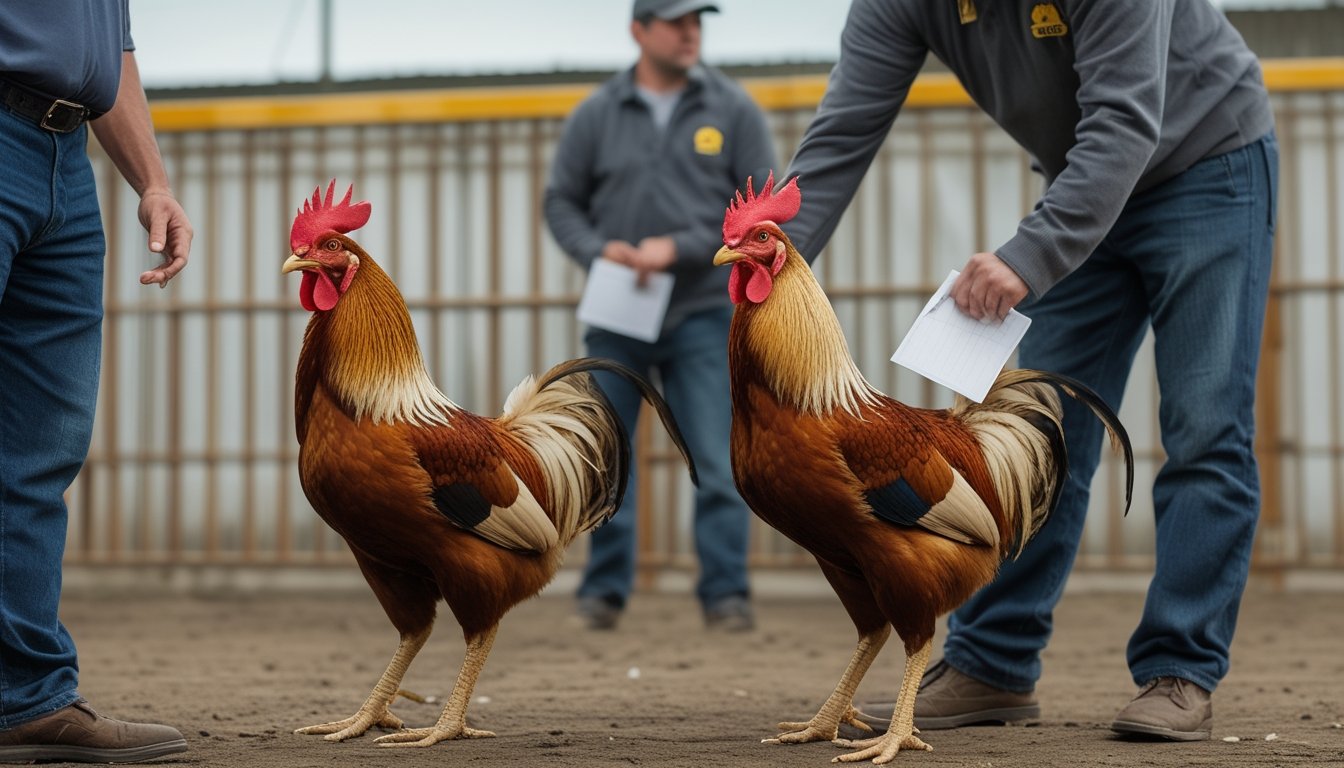 Dua ayam jantan dipisahkan di area yang tenang sementara seseorang memeriksa kondisi salah satunya.