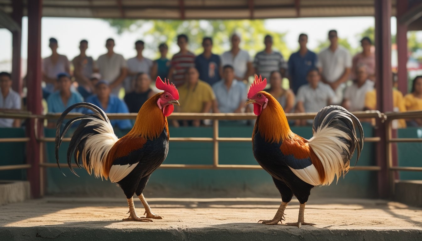 Dua ayam jantan berada di arena berpagar, dengan penonton dewasa duduk di tribun.