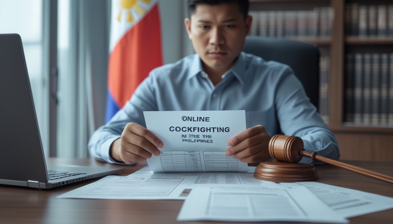 Seorang warga Filipina meninjau dokumen hukum di meja dengan laptop dan ponsel.