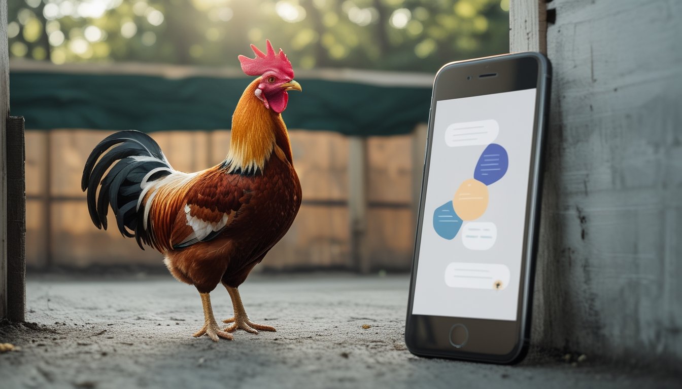 Seekor ayam jantan berdiri di kandang yang bersih dengan ponsel di dekatnya.