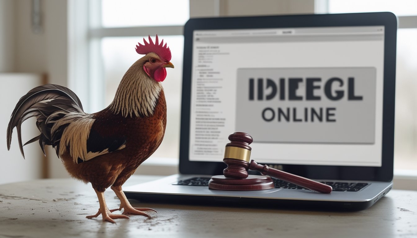 Seekor ayam jantan berdiri tenang di dekat laptop tertutup dan palu hakim.