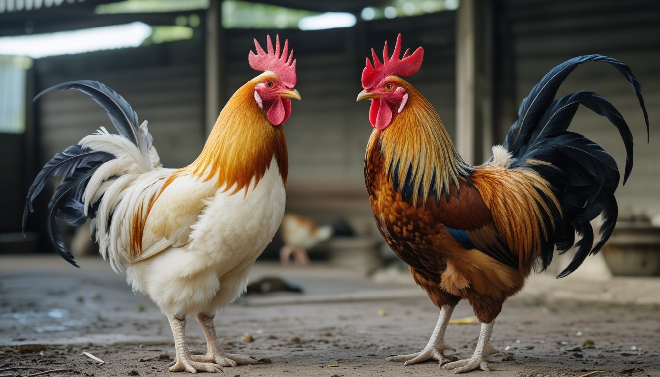 Dua ayam jantan berdiri terpisah di halaman terbuka.