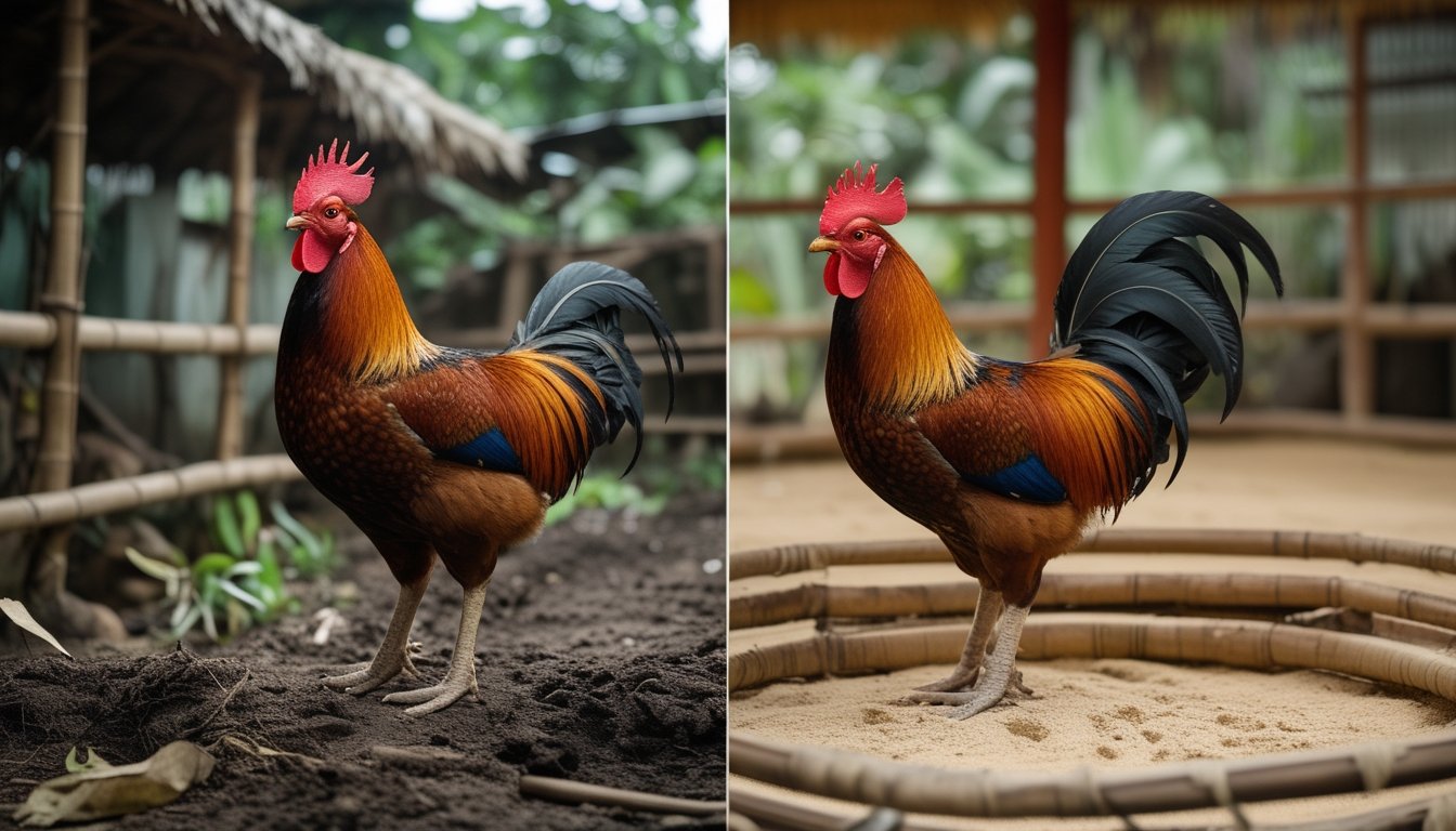 Dua ayam jantan berdiri di lingkungan berbeda, satu di halaman pedesaan Filipina dan satu di arena Bangkok.