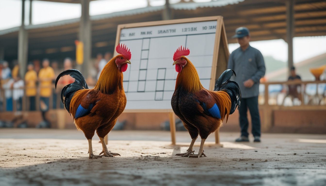 Dua ayam jantan berdiri terpisah di arena terbuka, sementara seorang panitia melihat papan jadwal.