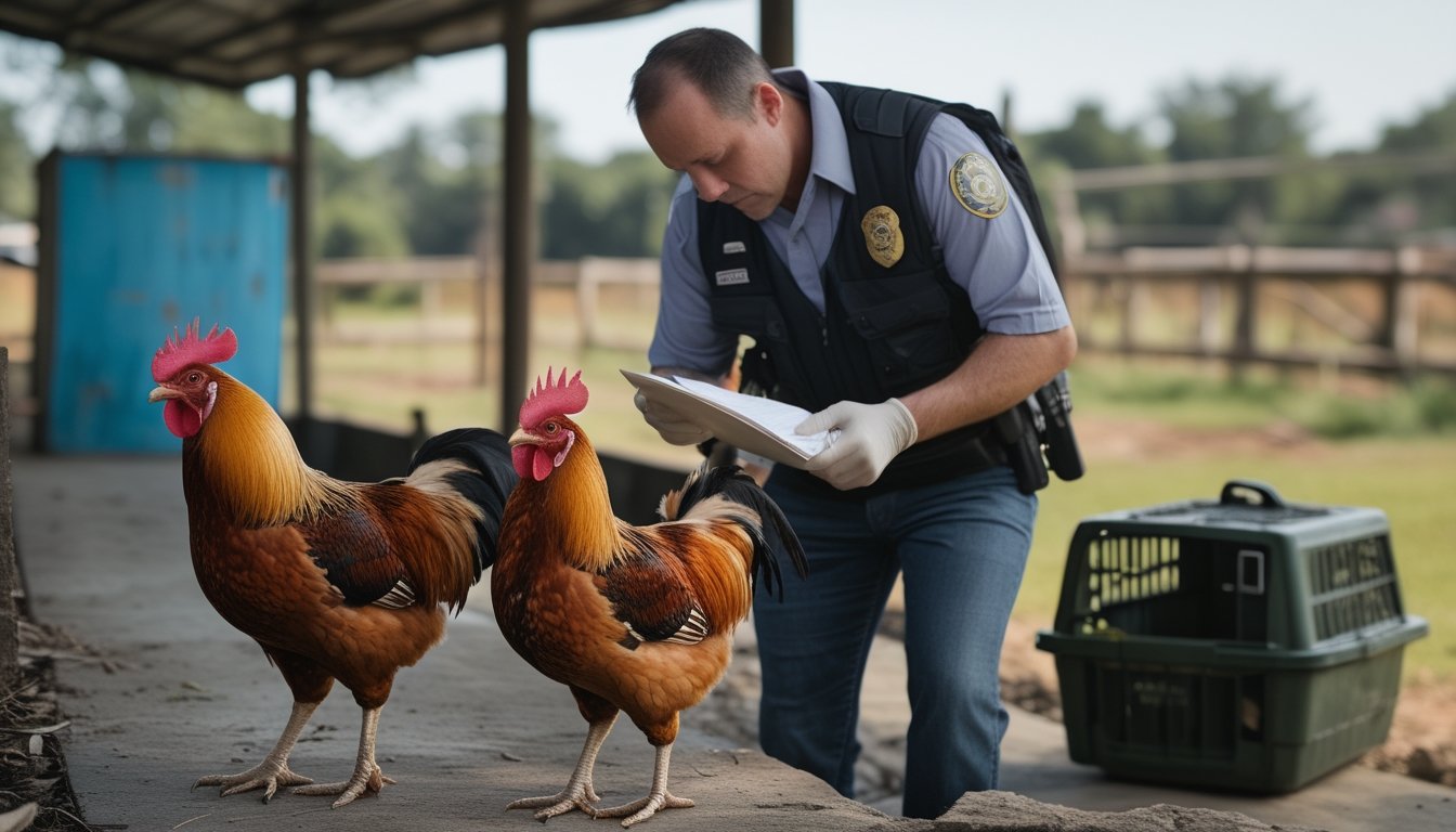 Dokter hewan memeriksa seekor ayam sementara petugas berdiri di dekat kandang.