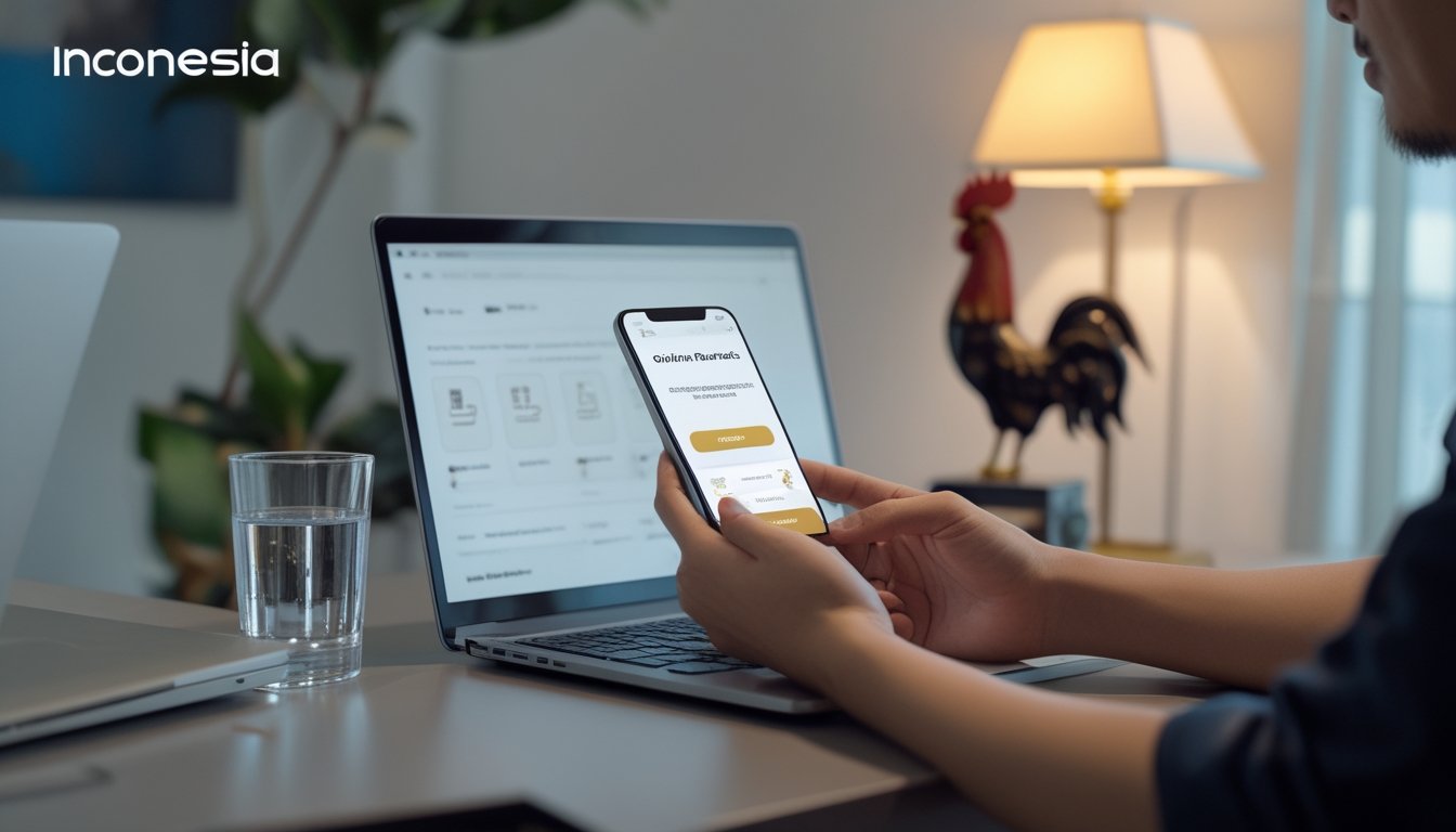 Seseorang memeriksa tampilan hadiah digital di ponsel di meja kerja.