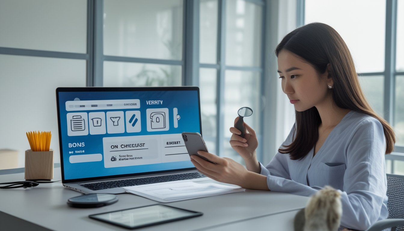 Seseorang memeriksa penawaran online melalui ponsel dan laptop dengan daftar periksa di meja.