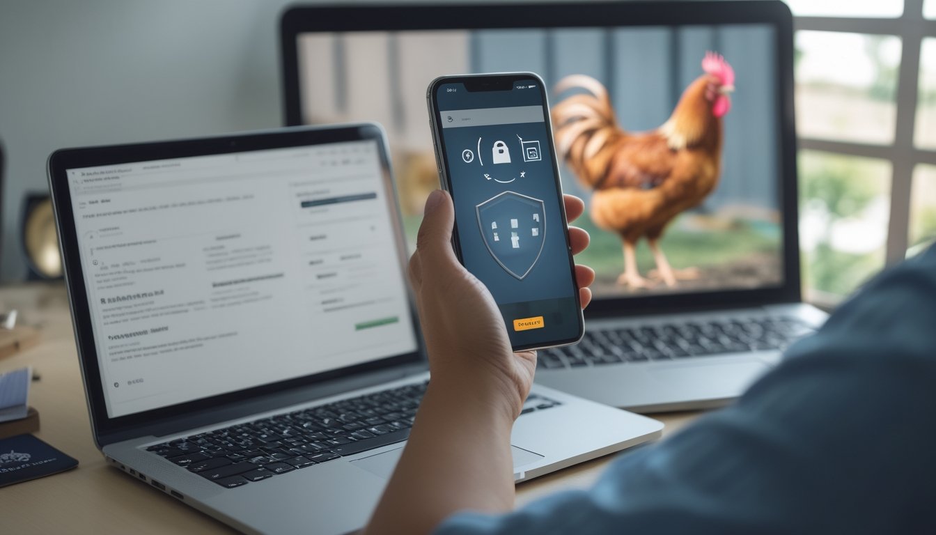 Seseorang memeriksa ponsel di meja dengan simbol keamanan digital dan ayam di latar belakang.