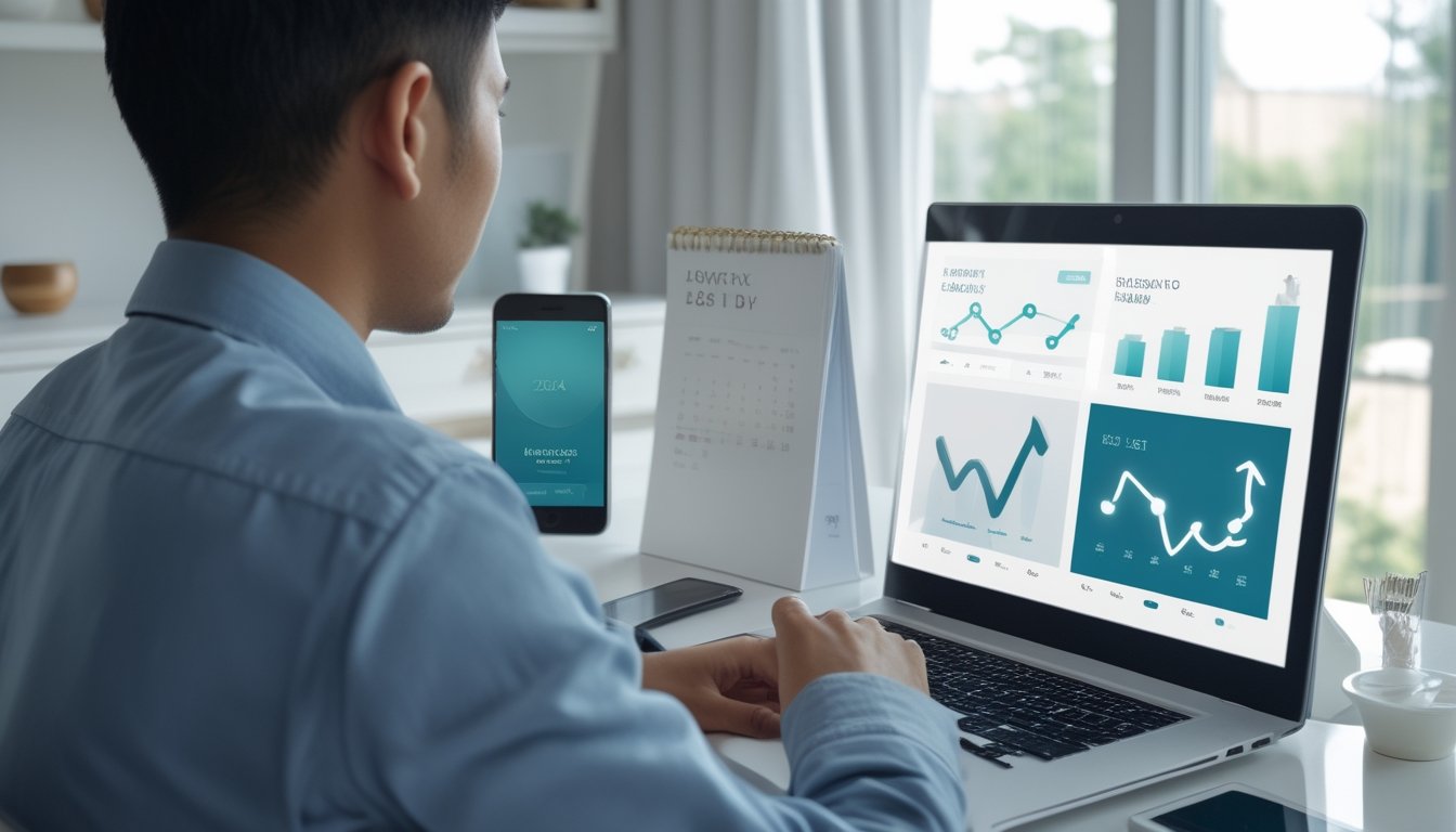 Seseorang memeriksa grafik data pada laptop di meja kerja.